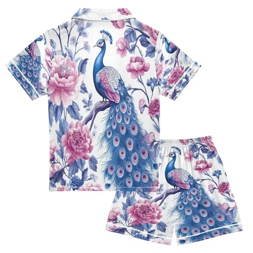 Satin Pajama Sets Short Sleeve Peacock Among Pink Flowers Button Down Silky Nightwear 2 Piece PJS 5-14Y2