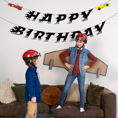 Image of Race Car Birthday Banner, 6.3 x 4.7 inches, Party Decorations for Boys, Baby Shower, Christmas, Colorful