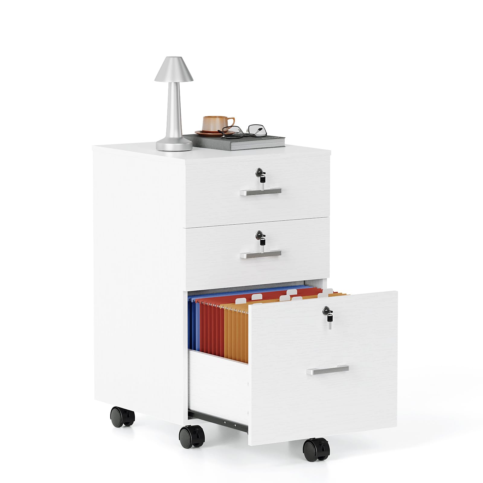 Bonnlo mobiler Aktenschrank 3 Schubladen für Büro, Homeoffice, weiß | Aktenschrank mit Rollen, mobiler Rollcontainer, abschließbarer Büroschrank, Schubladenschrank für A4- und Letter-Formate