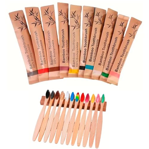IMAXWAVE Kit de 10 Cepillos de Dientes de Bambú Biodegradables, Cepillos dentales ecológicos, pack de cepillos de bambú, Ideal para uso familiar, Multicolor, Diseño Natural