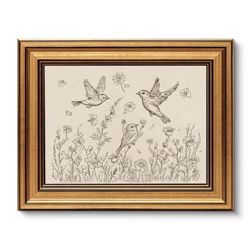 Image of VIYYIEA Vintage Gold Framed Wall Art for Living Room, Birds & Flowers Canvas Prints Home Decor, Sketch Painting Picture, Bedroom Wall Decor Gifts for Friends or Family -【Birds & Flowers】-(10L x 8W)