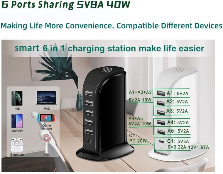 Miniatura 2 de Estación de carga USB para múltiples dispositivos, torre de carga multipuerto de 40 W, puerto USB-C compatible con carga rápida PD compatible con