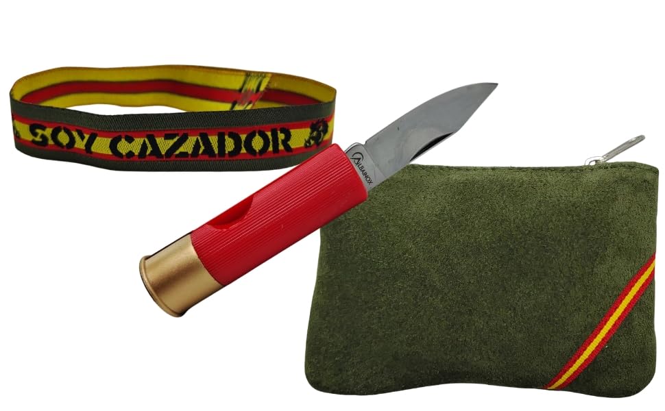TORO SURVIVAL Pack Regalo Cazador | Navaja Plegable + Monedero Piel Verde + Pulsera Soy Cazador | Acero 3Cr13 | Hoja 5cm | Bandera España (Pequeña Roja)