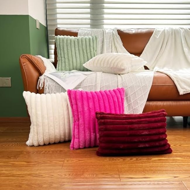 18x18 Throw Pillow Covers Set of 2, Decorative Faux Fur Covers for Bed, Couch Soft Fluffy Pillow Cover with Velvet Back for Living Room, Neutral Home D¨¦cor Accent for Sofa - Cream White