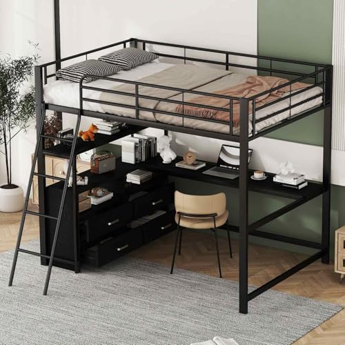 YEHTOKHOME Lit loft Moderne 140x200cm avec Bureau et échelle, Multifonctionnel lit Mezzanine en métal avec Garde-Corps, étagères et 4 tiroirs(sans Matelas)...