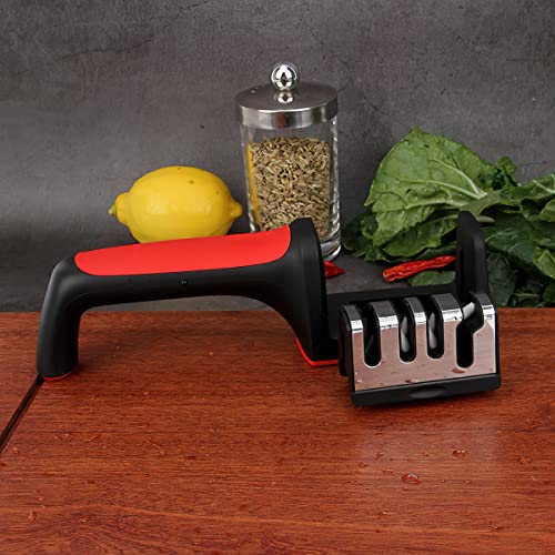 Miniatura 3 de Afilador Cuchillos Y Tijeras Afilador De Cuchillos Profesional Base Antideslizante Afilado Rápido Utensilios Cocina Afilador 3 Etapas Knife Sharpener Manual. Rojo Y Negro