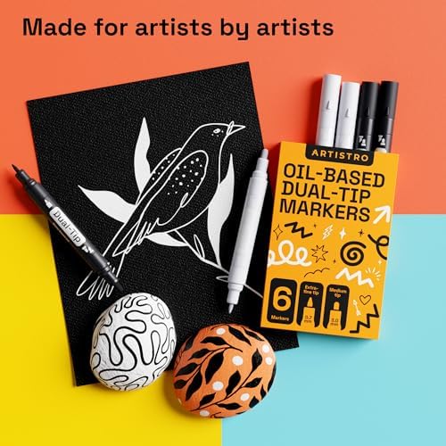 ARTISTRO 6 Black & White Permanent Markers, Oil Based Paint Markers Dual Tip (0.7mm+3mm), Waterproof Paint Pens for Rock Painting, Ceramic, Glass, Wood, Tire, Fabric & More 3+3