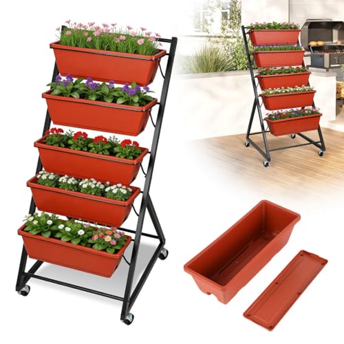 ISOISL Hochbeet 5 Etagen Vertikalbeet Pflanzenbeet mit Blumenkasten und Rollen Blumentreppe mit Drainagelöchern Hochbeete Blumenbeet Gemüsebeet Kräuterbeet für Garten Balkon Terrasse(64x56x121cm)