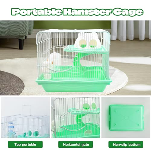 Image of 2-Tier Portable Hamster Cage and Habitats,Travel Metal Mouse Cages with Free Water Bottle,Houses and Exercise Wheel for Any Breed of Hamster and Small Animal (14.6x11.0x11.8inch Green)