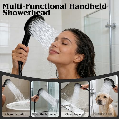 Image of 12 Inch Shower Head, Rain Shower Head with Adustable Extension Arm, Detachable Matte Black Rina Shower Head with Handheld Spray, High Pressure Shower Hose with Holder in Bathroom(Black)