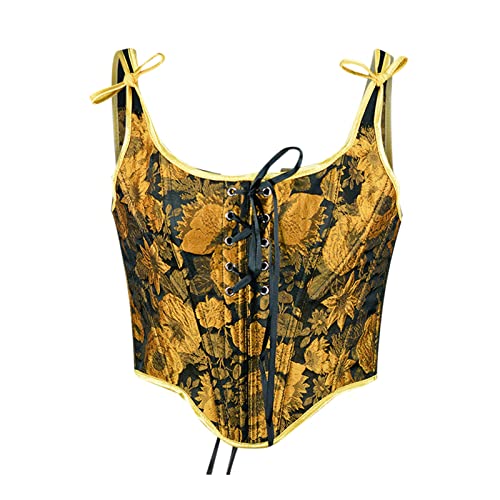 WPOUMV Women's Corset Steampunk Gothic Steel Boned Bustiers Vest Jacquard Lace Up Overbust Corsets Waist Training Bodice 15-yellow
