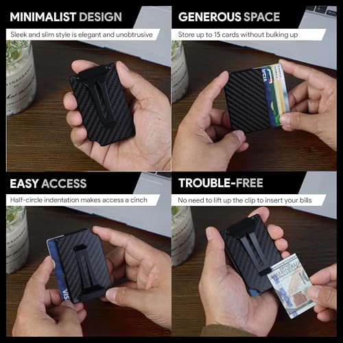 Image of Minimalist Wallet for Men, Slim Metal RFID Blocking Wallet Credit Card Holder Money Clip & Cash Strap, Scratch-Resistant Holds 15 Cards,Ideal Gift for Men | Carbon Fiber