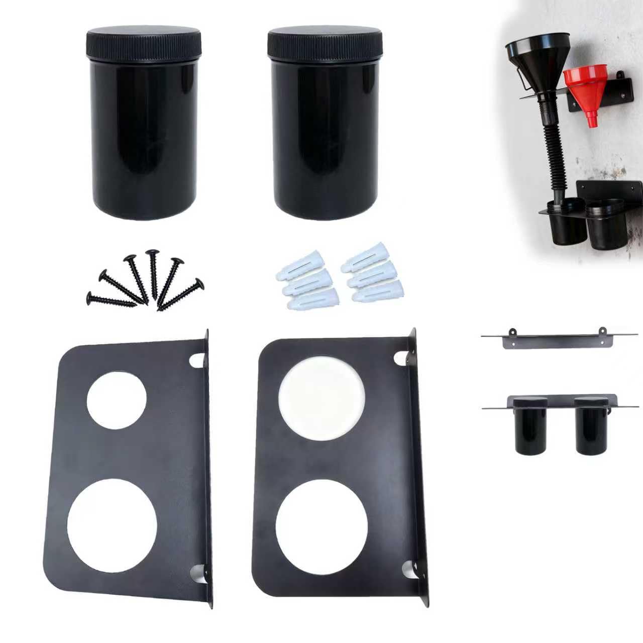Oil Funnel Holder Storage Rack Kit - Wall Mount Organizer with 2 Plastic Removable Drip Cups, Dual Fluid Drain Funnel Bracket for Garage, Automotive Shop, Enclosed Race Trailers（Black）