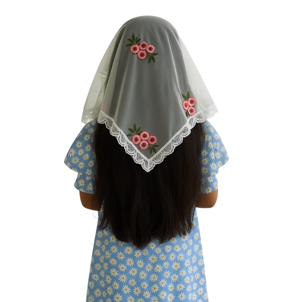 JUANLY Thread Designs Triangle Mantilla Veil with Floral Embroidery, Grey Tulle Lace Chapel Veil, Catholic Church Head Covering for Latin Mass, Large 120cm-picture-27