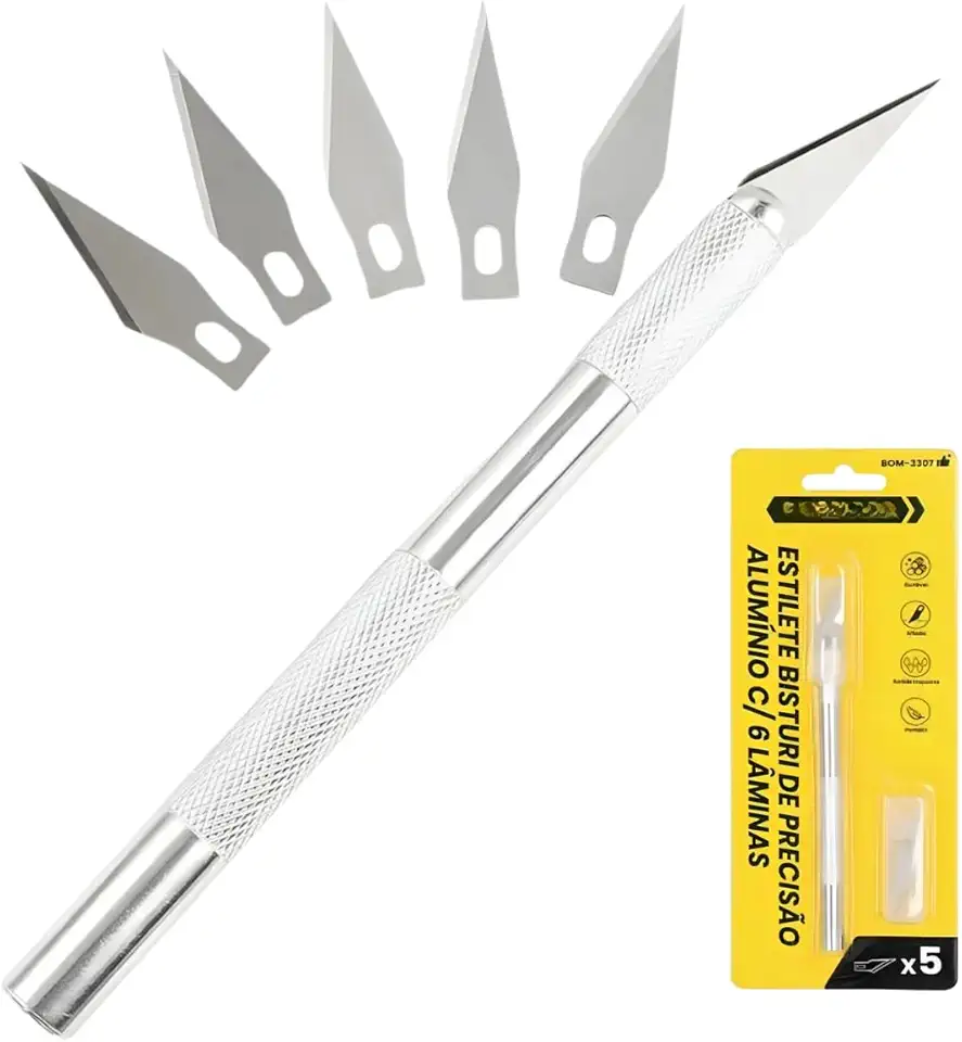 Estilete de Precisão Bisturi Profissional com 6 Lâminas de Reposição - Cabo de Alumínio Antiderrapante Ergonômico Afiado e Durável Ideal Artesanato Tipo Scrapbook Papel Couro EVA Modelismo Corte Fino