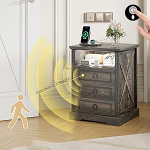 Nightstand set 2 with charging station farmhouse end side table with 3 drawers and open storage smart bedside table with led light human sensor for bedroom living roombrownchest  urban country home decor