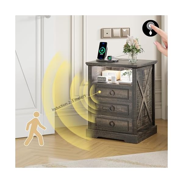 Nightstand set 2 with charging station farmhouse end side table with 3 drawers and open storage smart bedside table with led light human sensor for bedroom living roombrownchest  urban country home decor