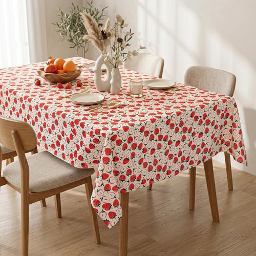 Image of R home Strawberry Print 56 x 90 Inch Table Cover for 6 Seater Dining Table | 100% Cotton Slub Fabric | Premium Digital Printed Rectangular Table Cloth | Soft, Durable, Washable & Reusable