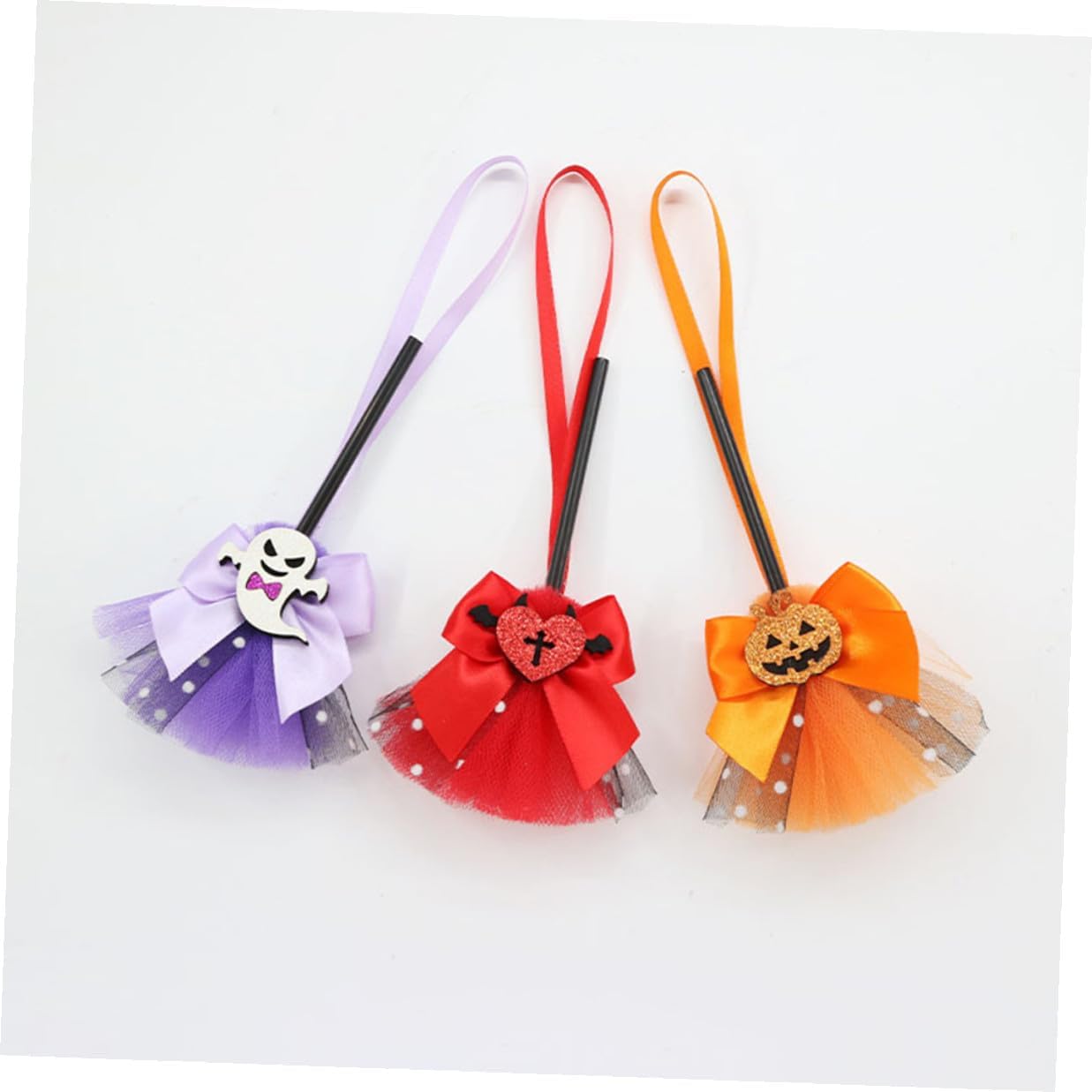 Operitacx 3pcs Halloween Hanging Brooms Ornaments with Bells Purple Orange Red Halloween Party Decorations Haunted House Hanging Props