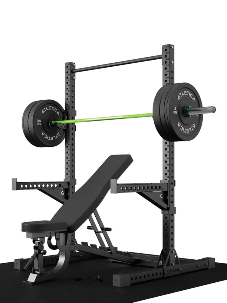 ATLETICA R7 Squat Rack zestaw do ćwiczeń typu Assault, sztanga do hantli, tarcze 90 kg, Collars, Pull-Up Bar, Spotter Arms, J-Hooks, ochrona podłogi, w zestawie