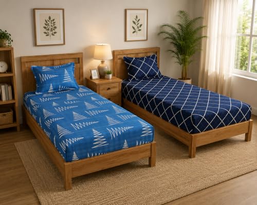 Image of Jashan 210 TC Premium Single Combo 2 Single Bedsheet Glace Cotton Soft Elegent Design - Lightweight & Durable with 2 Pillowcase 17x27 inches Blue