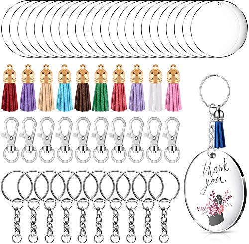 Eagool 100 Pièces Acrylique Disques Transparents et Anneaux Porte-clés, Porte-clés en Acrylique Transparent Blanks et Tassel Pendentifs pour Porte-clés Faire des projets de Bricolage (30 Set)