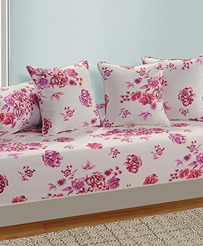 Image of Swayam 144TC Diwan Set Roto Cotton 6 Pcs | Deewan Floral Printed Bedsheet Set for Living Room Hall (1-Bed Sheet 60x90 Inch | 2-Bolster Cover 30x30 Inch | 3 Cushion Cover 16x16 Inch) - Cream & Red