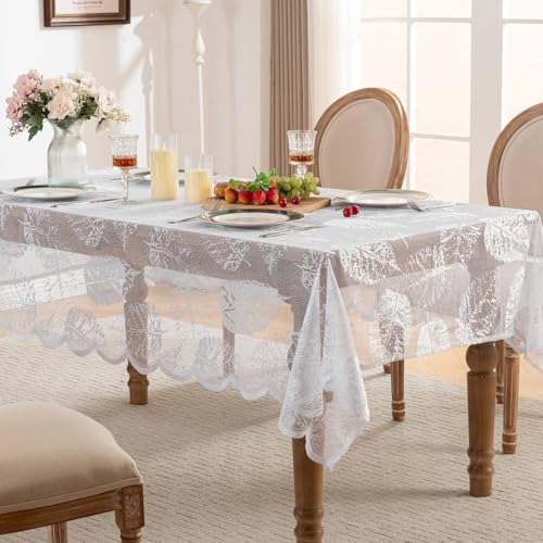 hometrixx Nappe Blanche 150x200 cm - Dentelle Jacquard à Frange, Nappe Rectangulaire pour Table à Manger, Salon, Chevet