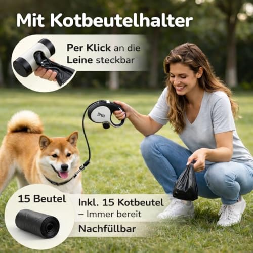 CORTES PETS Rollleine Hundeleine für mittlere und große Hunde 5m - bis 50kg - Ausziehbar mit Bremsknopf - Ausziehleine mit Kotbeutelhalter Ink 15 Beutel - EIN-klick-Befestigung - Flexi ble Leine Hund