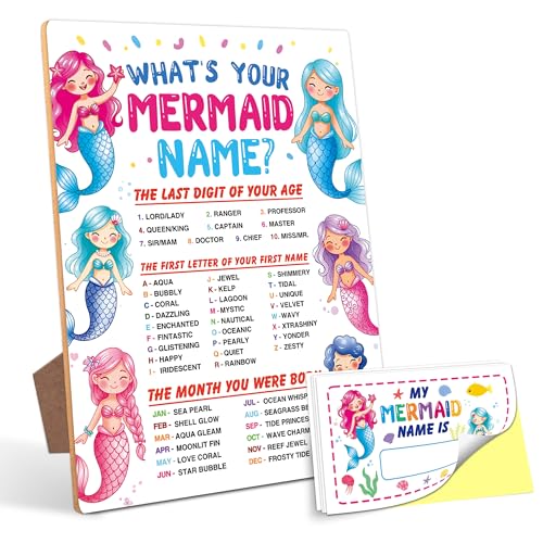 Mermaid Decorations for Birthday Party Game, What is Your Mermaid Name,6×8 Wooden Play Sign with Stand and 30 Name Stickers Set