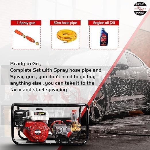 Image of Portable Sprayer with 7.5 HP 4 Stroke Engine | 75KG Pressure Heavy Duty Big HTP Pump | Pesticides Spray in Farm, Warehouse and Garden with Spray Gun | 15 Meter Hose Pipe & 1 Brass Gun