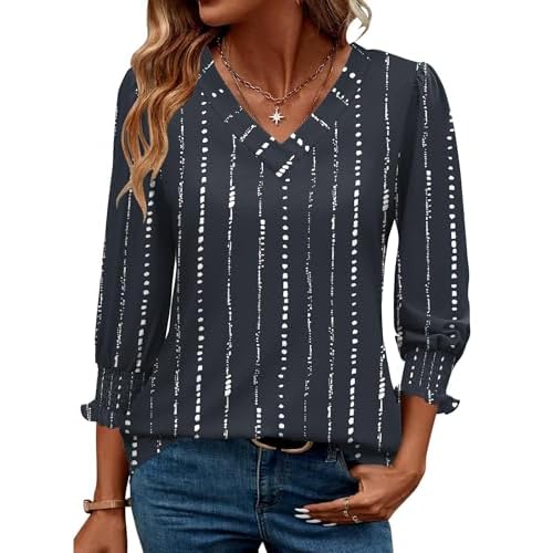 Rapbin 3/4 Length Sleeve Womens Tops Summer Trendy Puff-Sleeve V-Neck Blouses Dressy Casual Textured Smocked T-Shirt