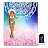 Sunlit Silky Soft 106'x81' Boho Sand Proof Beach Blanket Sand Proof Mat with Corner Pockets and Mesh Bag for Beach Party, Travel, Camping and Outdoor Music Festival, Blue and Pink Mandala