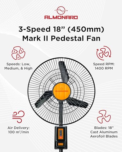 Image of Almonard 18 inch (450mm) Mark-II Pedestal Fan - High Speed Stand Fan with 3 Speed Settings & Cast Aluminum Metal Blades - 90 Degree Oscillating Pedestal Fan with Adjustable Fan Height & Tilt - Ivory