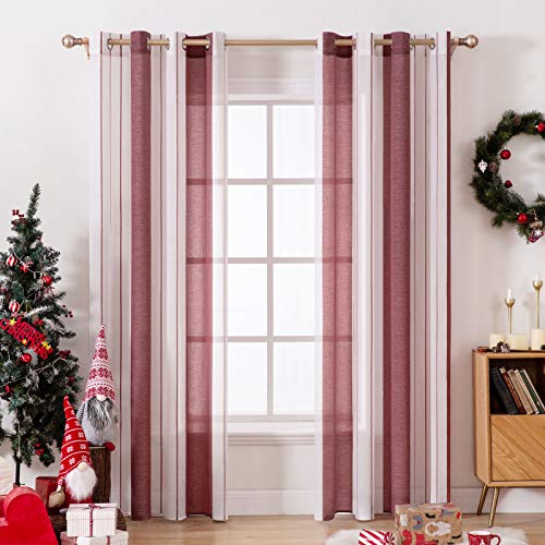 MIULEE Rideaux Voilage à Rayures Blancs et Rouge Foncé, Voilages Intérieurs avec Oeillets, Beaux Voile Rideau Voilage Fenetre Chambre, Lot de 2 Transparent Rideaux...