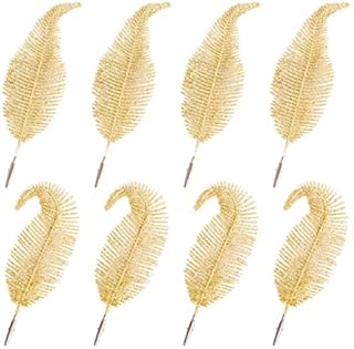 8 Pcs Christmas Tree Decoration Clip on Feather, Christmas Bauble for Tree Decoration, Christmas Glittery Ornament, Christmas Leaves Simulation for Party Festival Decor (Gold)