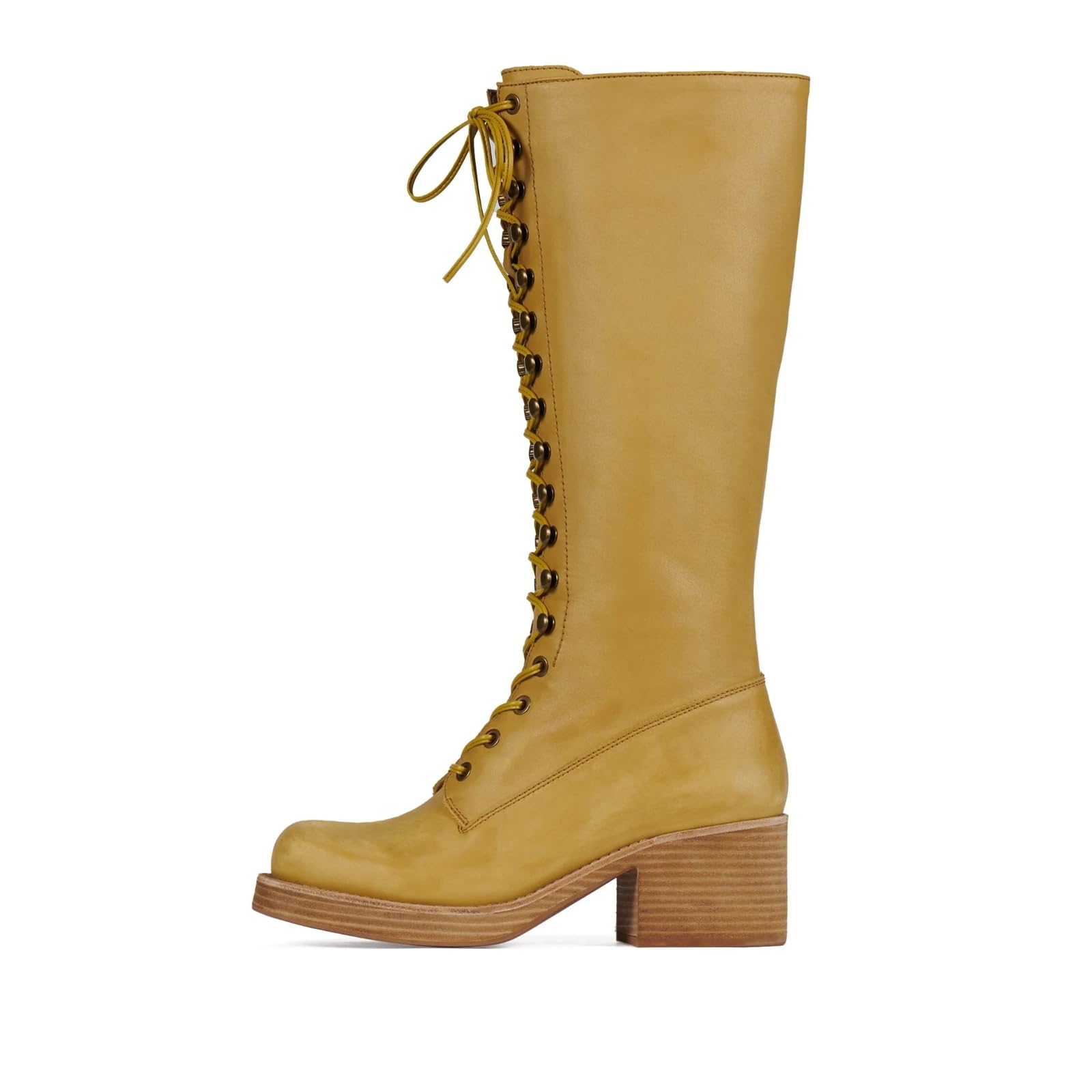 sexytag Womens Knee High Lace Up Boots Wide Calf Chunky Block Heel Round Toe Low Heel Long Riding