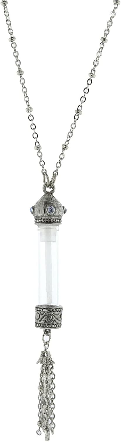 1928 Jewelry Glass Vial With Blue Crystal Stone Tassel Pendant Necklace For Women 30", Perfect Keepake For Essential Oils, Cremation Ashes, Sand, Locks Of Hair