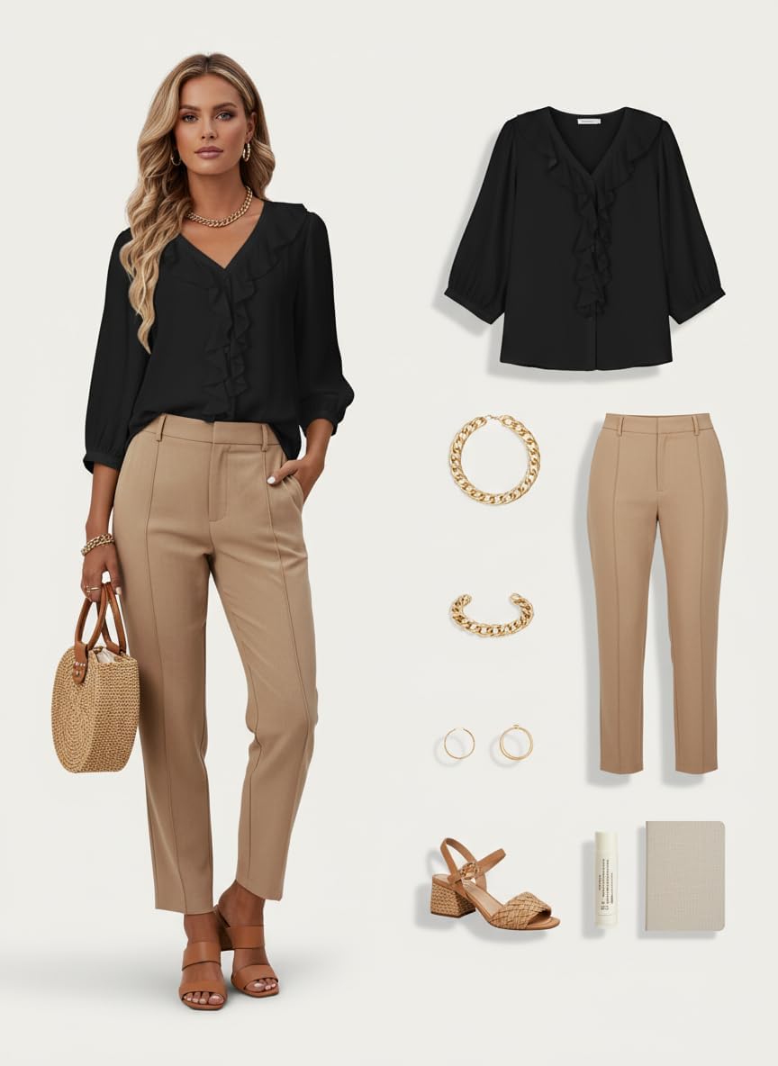 Womens Boho Ruffle V-Neck Blouse 3/4 Puff Sleeve Button Down Tops Business Casual Flowy Office Shirts - Image 6