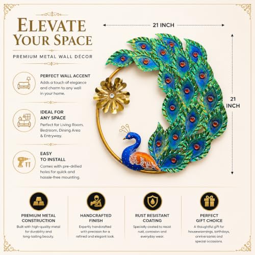 Image of SHREE 'O' GREEN TECH - Modern Round Peacock Metal Wall Art Handmade Decorative Iron Leaf Wall Hanging for Living Room Bedroom Entryway Dining Room Office Hotel Decoration