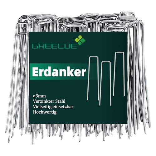 GREELUE 50 Stück Ø3mm Erdanker Bodenanker, 150x25mm Verzinkter Stahl Anti-Rost Erdnägel für Unkrautvlies Gartenvlies Camping