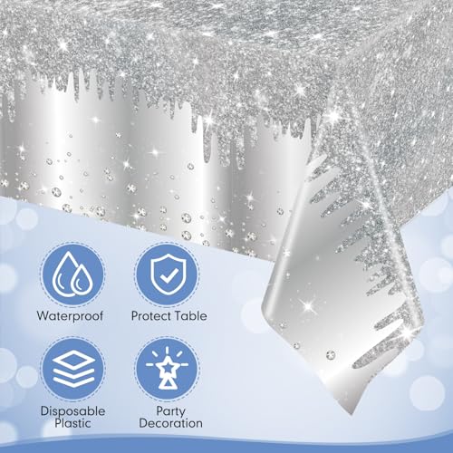 Image of Ganeen 3 Pcs Silver Tablecloths Glitter Diamond Disposable Plastic Table Cover Sequin Printed Rectangle Tablecloths for Girl Women Birthday Wedding Party Decor Supplies, 54 x 108 Inch