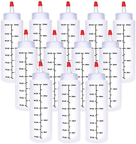 Baaxxango 12 Pack 8 oz/240 ml Plastic Squeeze Bottles, Scale Squirt Bottle with Red Tip Cap and Black Scale for Ketchup, Sauces, Syrup, Dressings, BBQ, Crafts and More