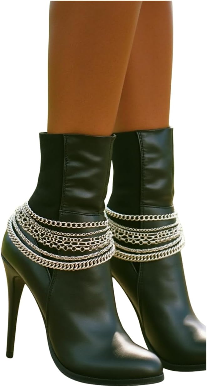 Women Western Fashion Boot 2 Bracelets Metal Chain Heel Shoe Multi Strand Wave Anklet Silver PAIR
