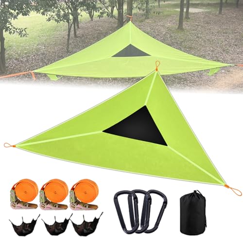 Triangle Hammock 13Ft Multi Person 3 Point Tree Hammock Max 600LBs Extra Large Sky Camping Hammock for up to 2-4 Adults/Kids with 3 Ratchets/Straps/Net Pockets/Carabiners and Storage Bags Green