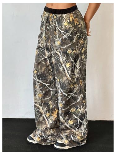 Milumia Girl's Camo Print Elastic Waist Trousers Straight Wide Leg Baggy Pants4