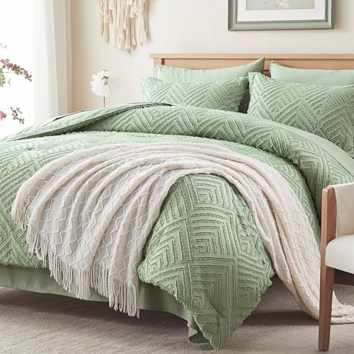 Image of Zzlpp Full Comforter Set 7 Pieces, Sage Green Tufted Bed in a Bag with Comforter and Sheets, All Season Boho Bedding Sets with 1 Comforter, 2 Pillow Shams, 2 Pillowcases, 1 Flat Sheet, 1 Fitted Sheet
