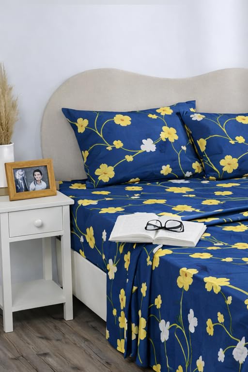 Image of BSB HOME 2 Bedsheet Combo Set with 4 Pillow Covers - Premium Cotton Glace Cotton Microfiber Printed Double Bedsheets, 2 Elegant Colors, Soft Breathable Luxury Bedding Set - Blue and Yellow