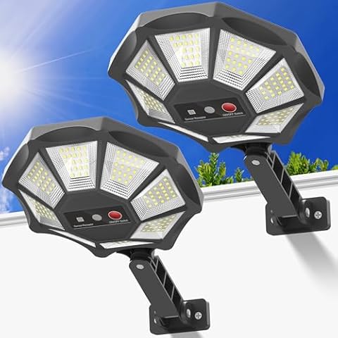 Solar Lights Outdoor Waterproof, 168LED 6500K Flood Light Dusk to Dawn, 8 Sides Parking Lot Lights with Motion Sensor, IP66 Waterproof Solar Powered Outdoor Lights for Yard, Pools(2 Pack) Cover