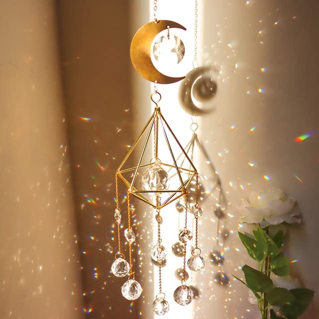 Attrape-soleil En Cristal Soleil Et Lune - Carillon éolien Coloré Pour Vitrail - Longueur 38 Cm - Décoration Jardin, Fenêtre, Intérieur - Style Bohème